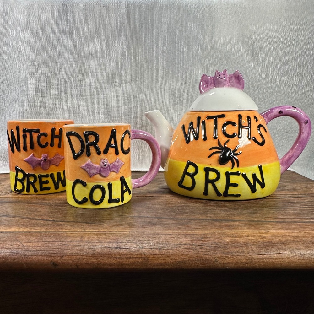 Vigor Halloween Tea Pot and Mug Set Candy Corn Witch Brew Dracula New